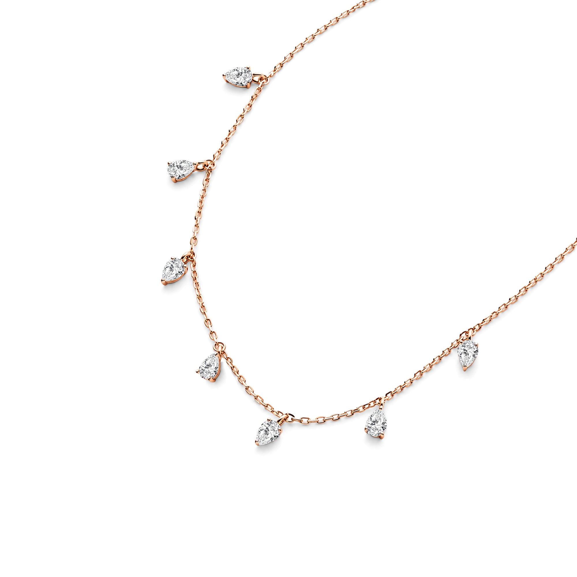Pear Shaped Lab Grown Diamond Dangling Station Necklace, Solid 9-18K Rose Gold Drop Diamond Chain