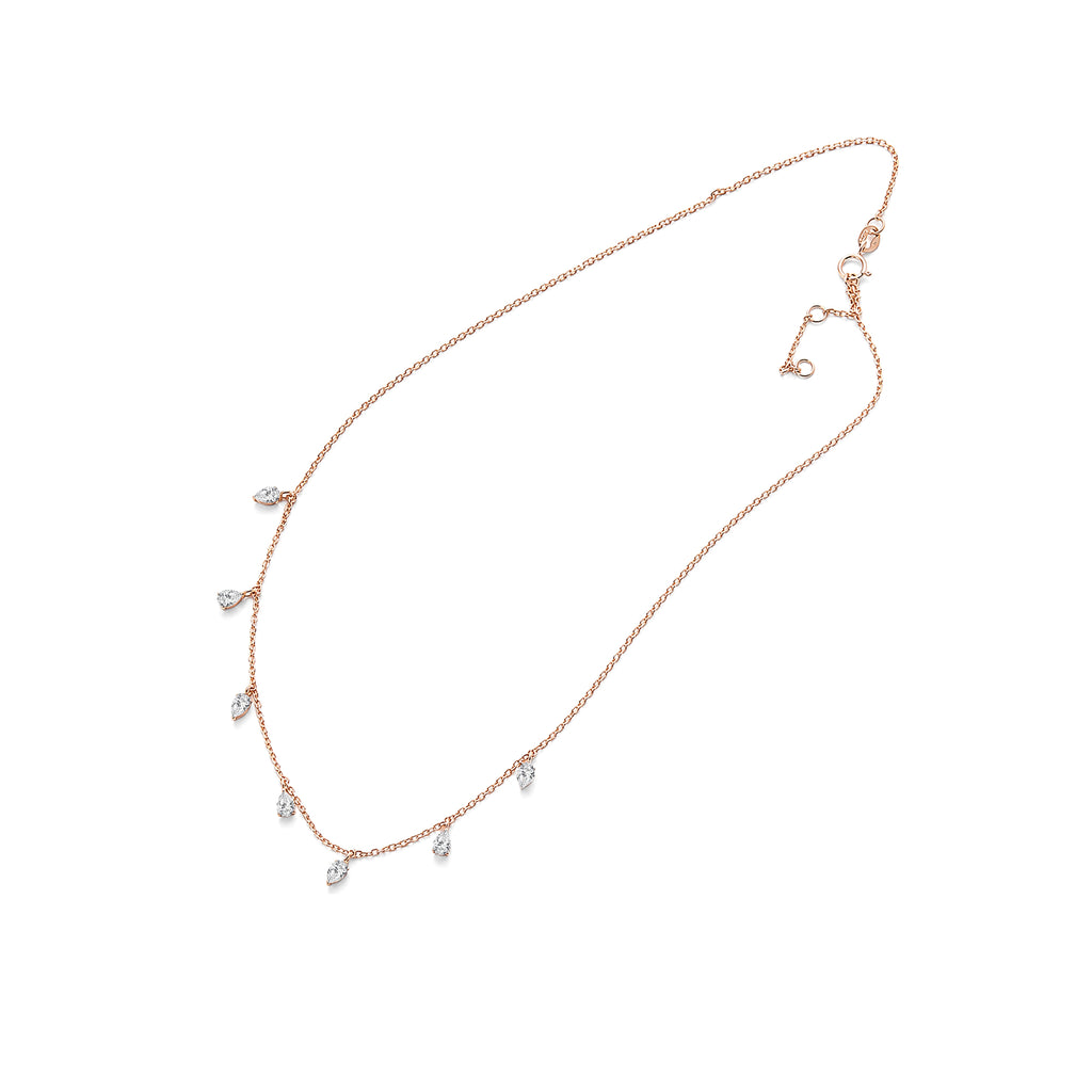 Pear Shaped Lab Grown Diamond Dangling Station Necklace, Solid 9-18K Rose Gold Drop Diamond Chain