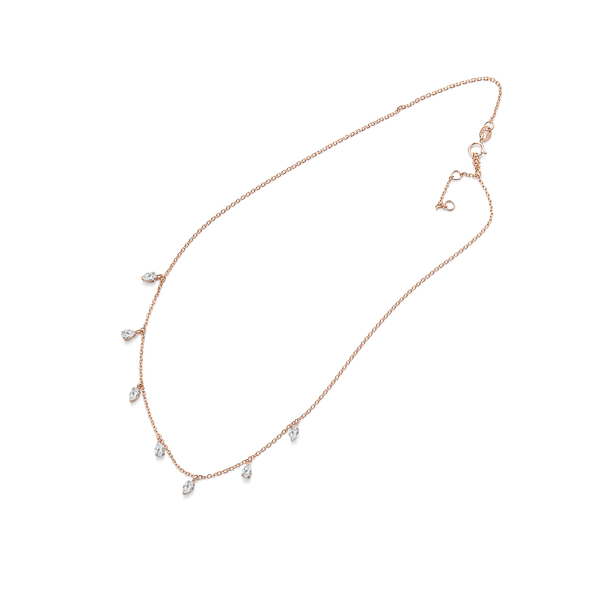 Pear Shaped Lab Grown Diamond Dangling Station Necklace, Solid 9-18K Rose Gold Drop Diamond Chain