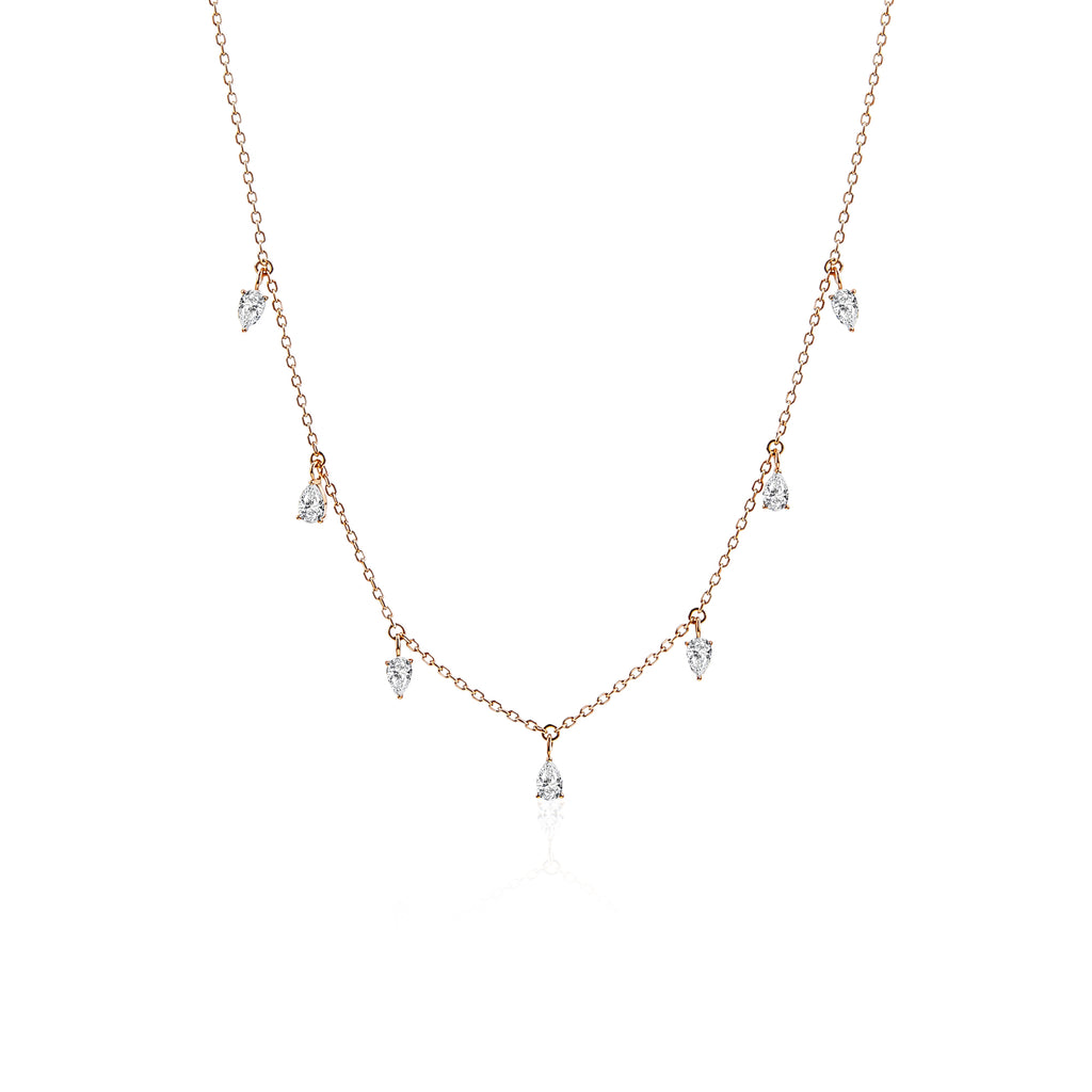 Pear Shaped Lab Grown Diamond Dangling Station Necklace, Solid 9-18K Rose Gold Drop Diamond Chain
