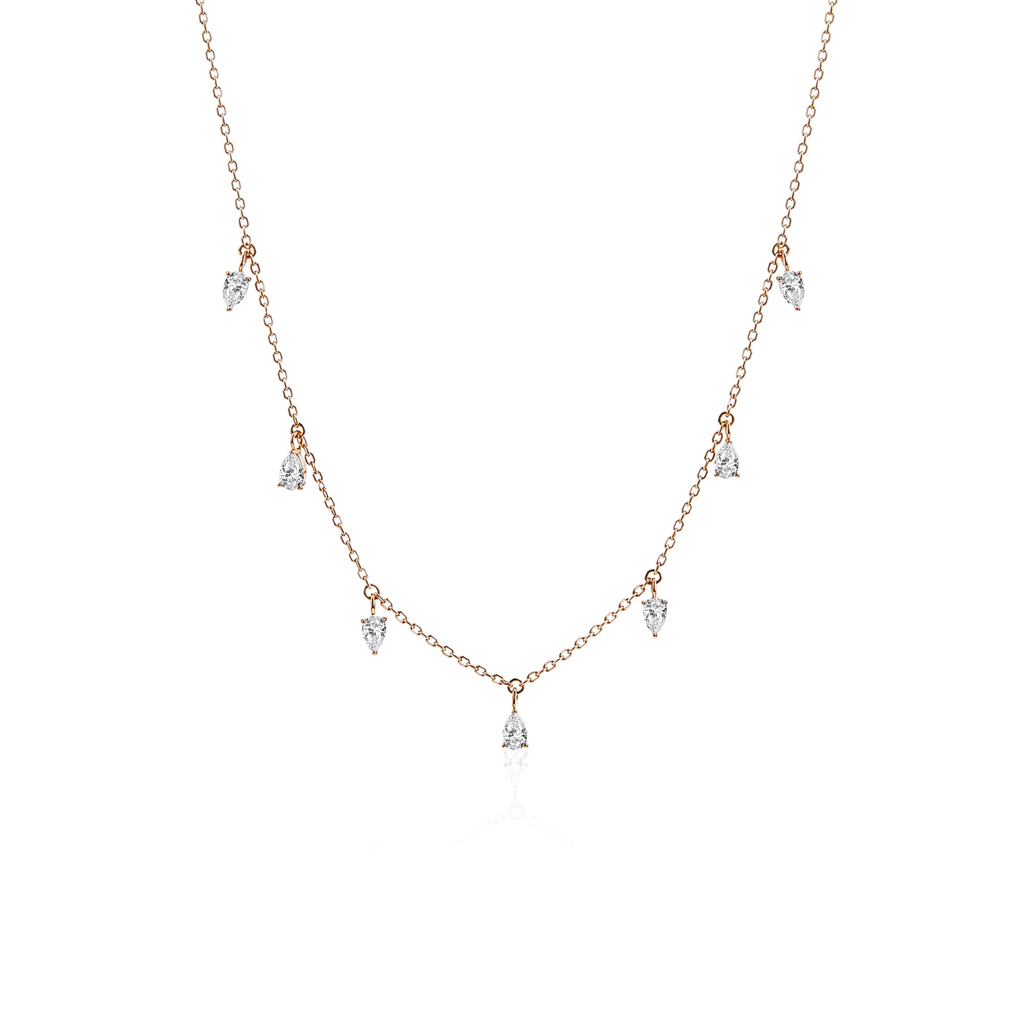 Pear Shaped Lab Grown Diamond Dangling Station Necklace, Solid 9-18K Rose Gold Drop Diamond Chain