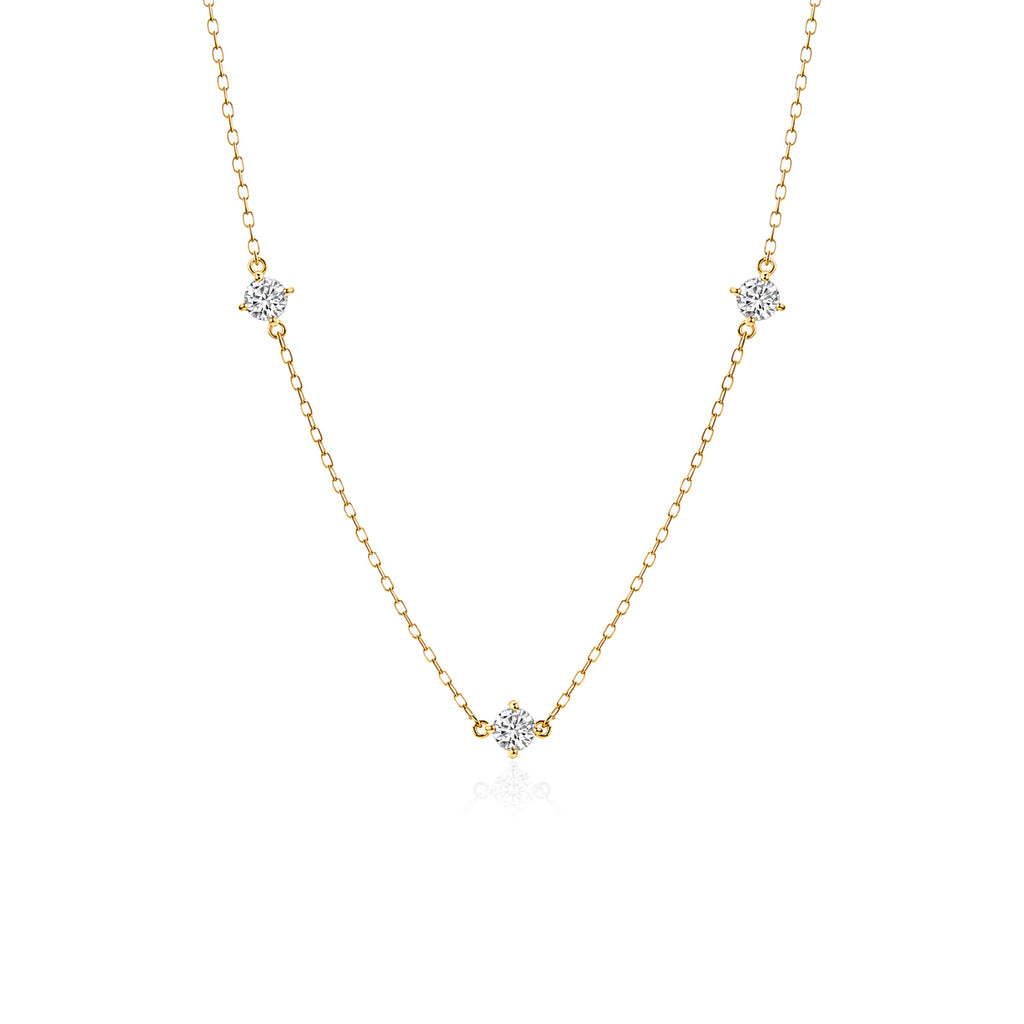 Round Lab Grown Diamond 3-Stone Station Necklace, Solid 14K Yellow Gold Delicate Chain