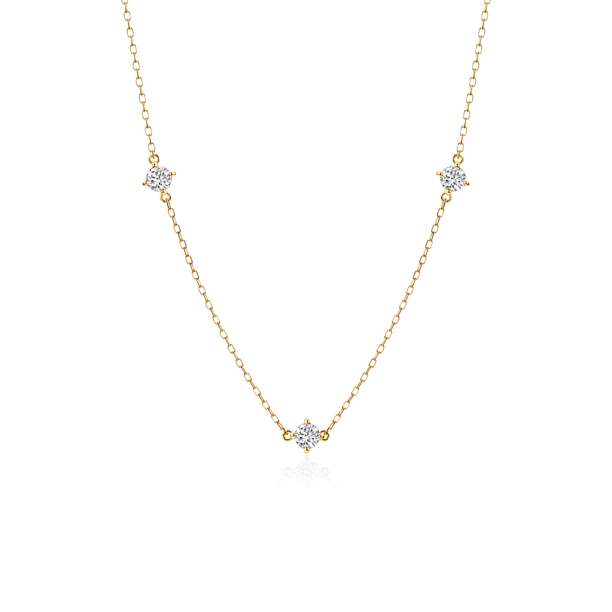 Round Lab Grown Diamond 3-Stone Station Necklace, Solid 14K Yellow Gold Delicate Chain