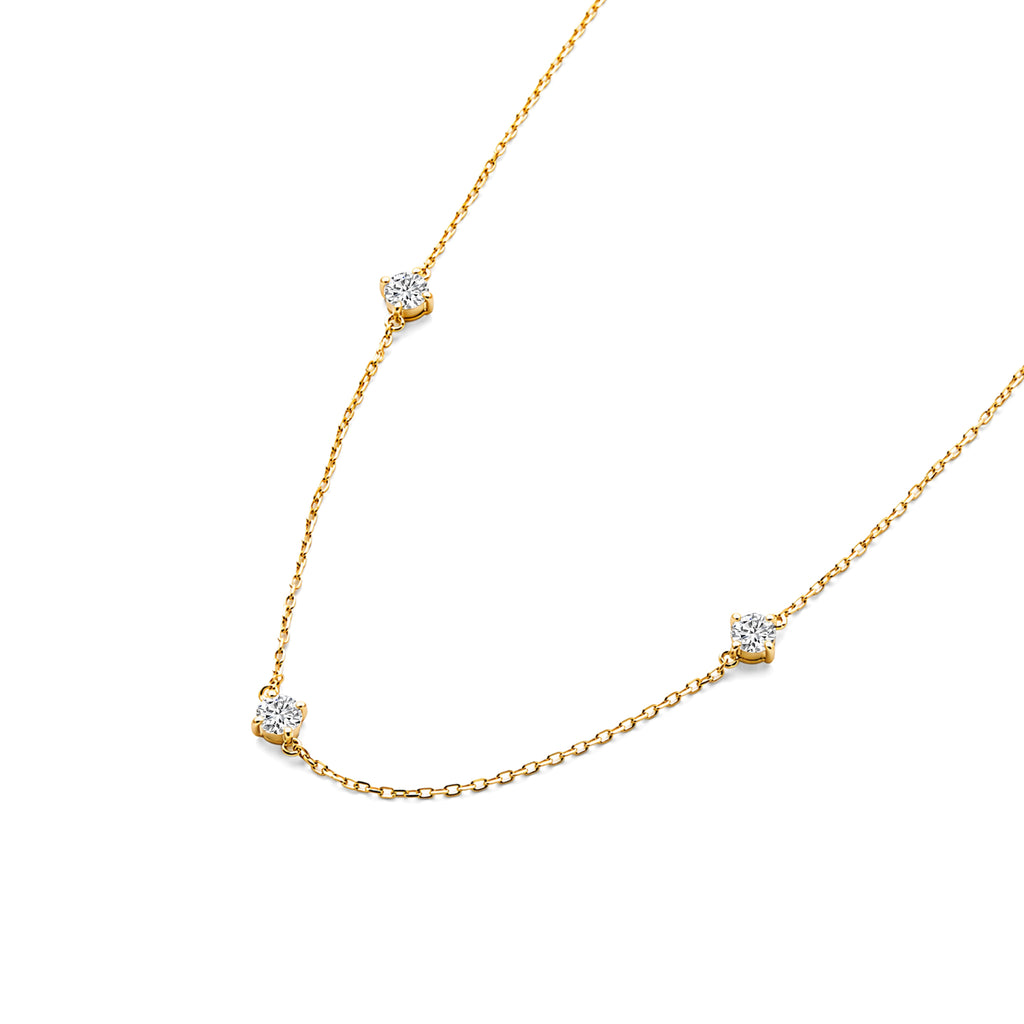 Round Lab Grown Diamond 3-Stone Station Necklace, Solid 14K Yellow Gold Delicate Chain