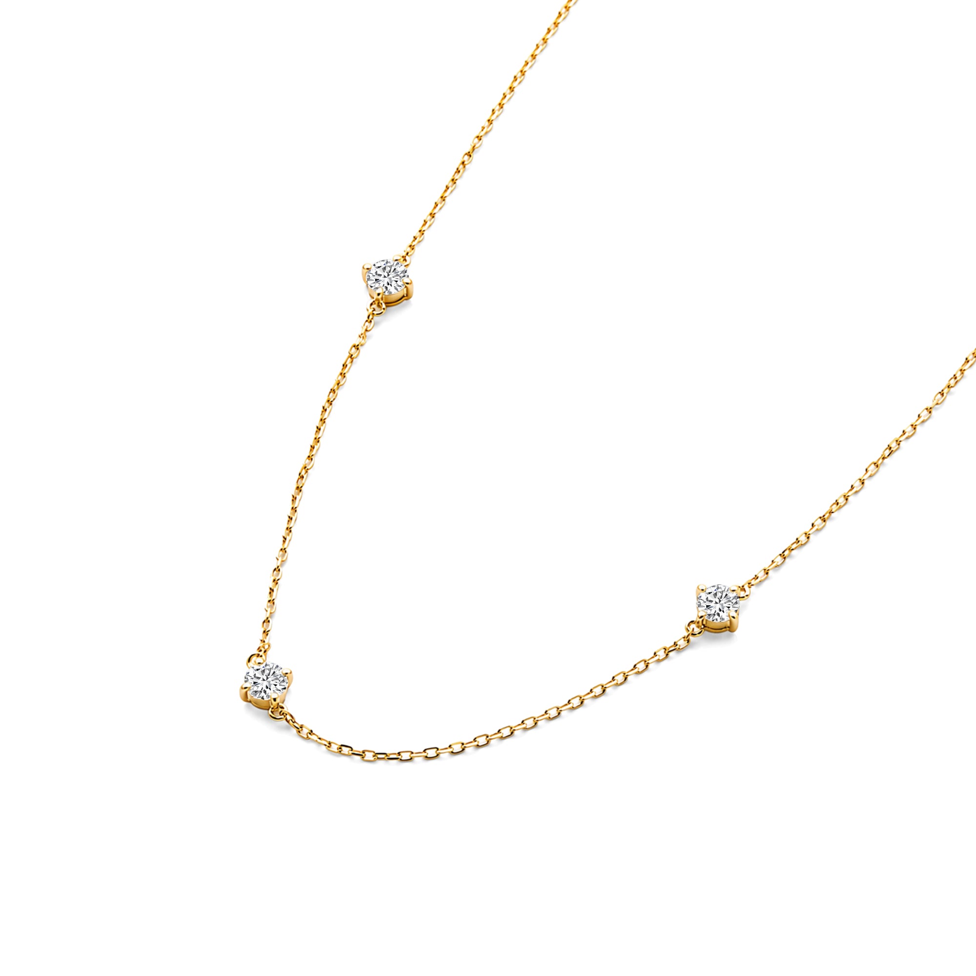 Round Lab Grown Diamond 3-Stone Station Necklace, Solid 14K Yellow Gold Delicate Chain
