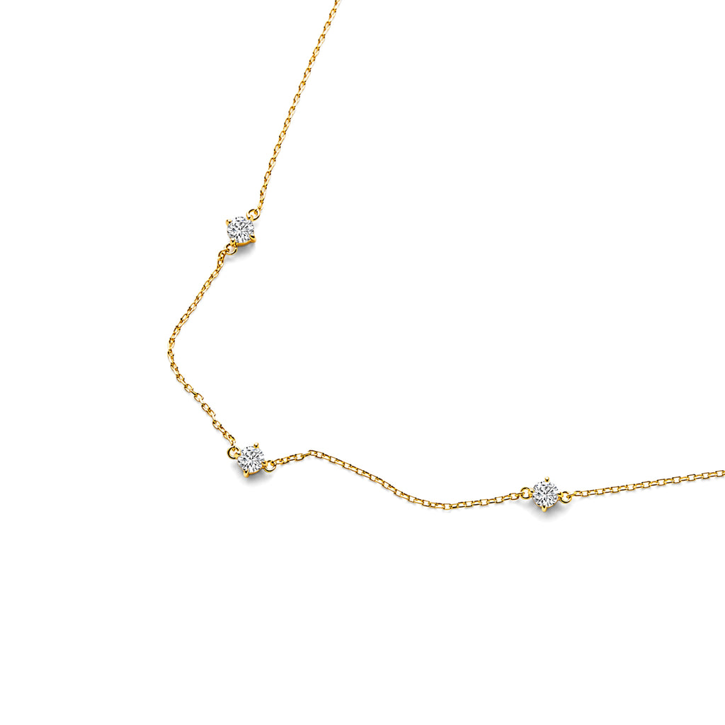 Round Lab Grown Diamond 3-Stone Station Necklace, Solid 14K Yellow Gold Delicate Chain