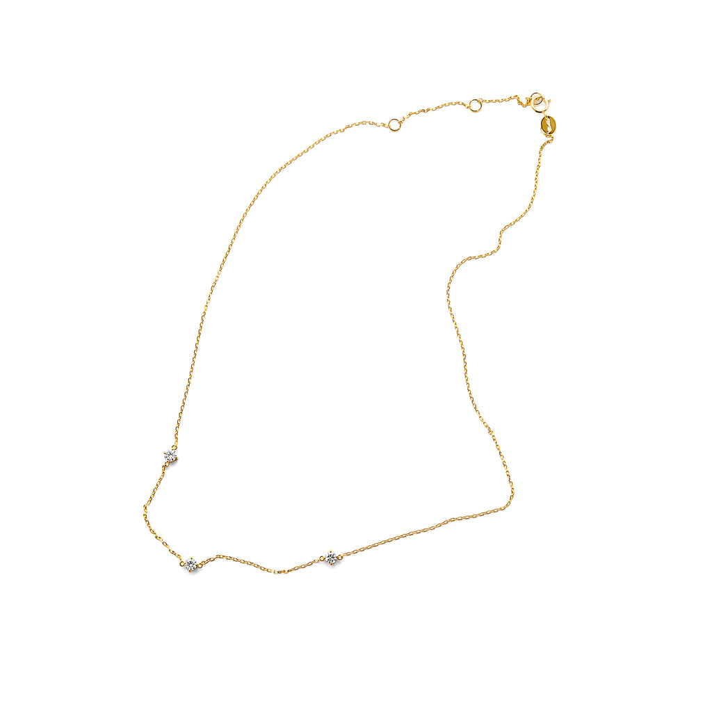 Round Lab Grown Diamond 3-Stone Station Necklace, Solid 14K Yellow Gold Delicate Chain