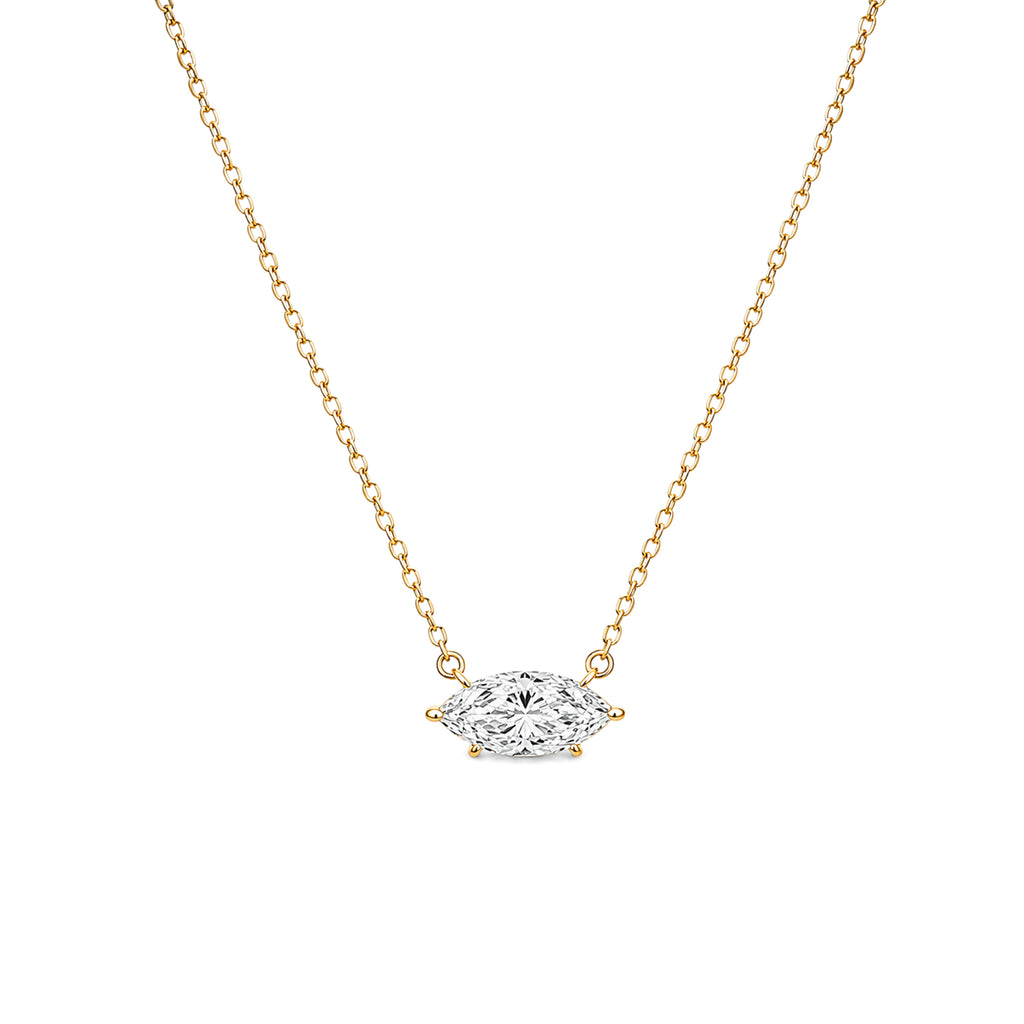 Horizontal Marquise Cut Lab Grown Diamond Solitaire Necklace, Solid 9-18K Yellow Gold Dainty Chain