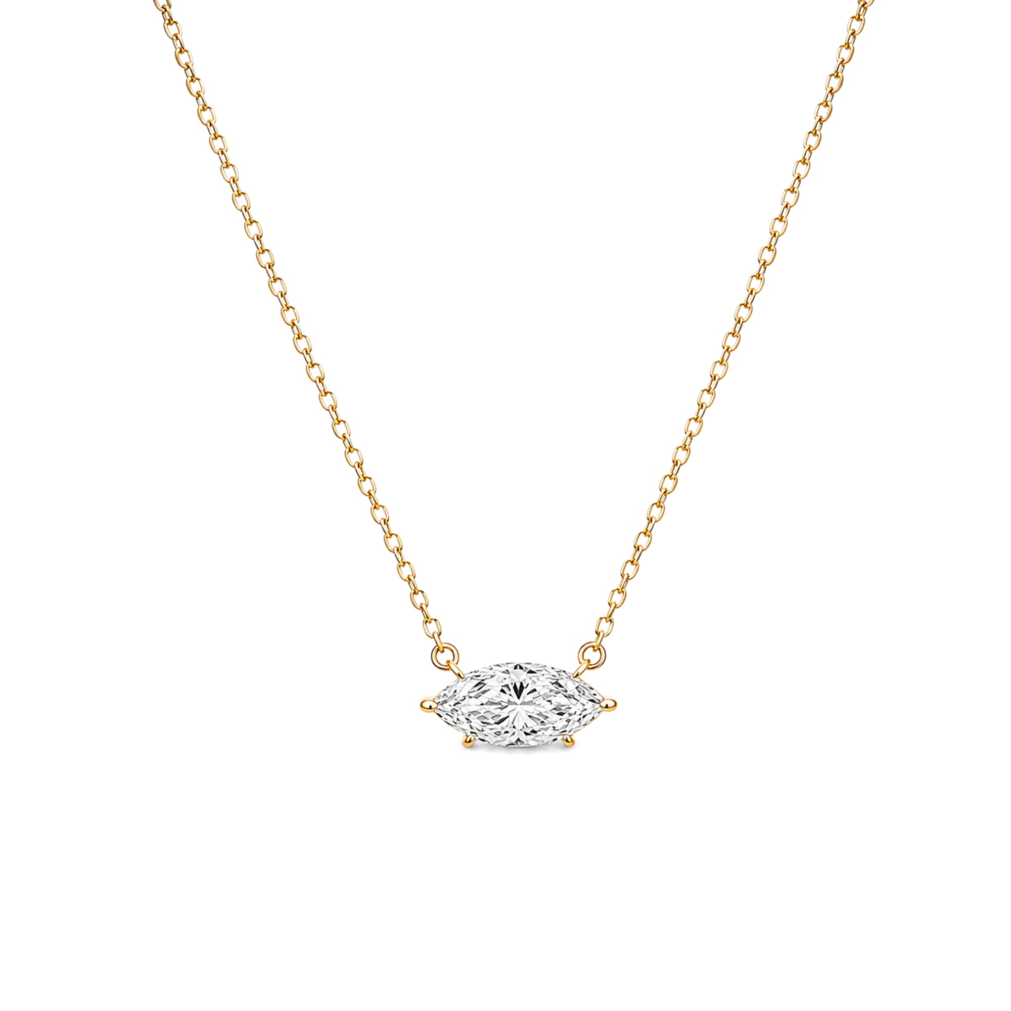 Horizontal Marquise Cut Lab Grown Diamond Solitaire Necklace, Solid 9-18K Yellow Gold Dainty Chain