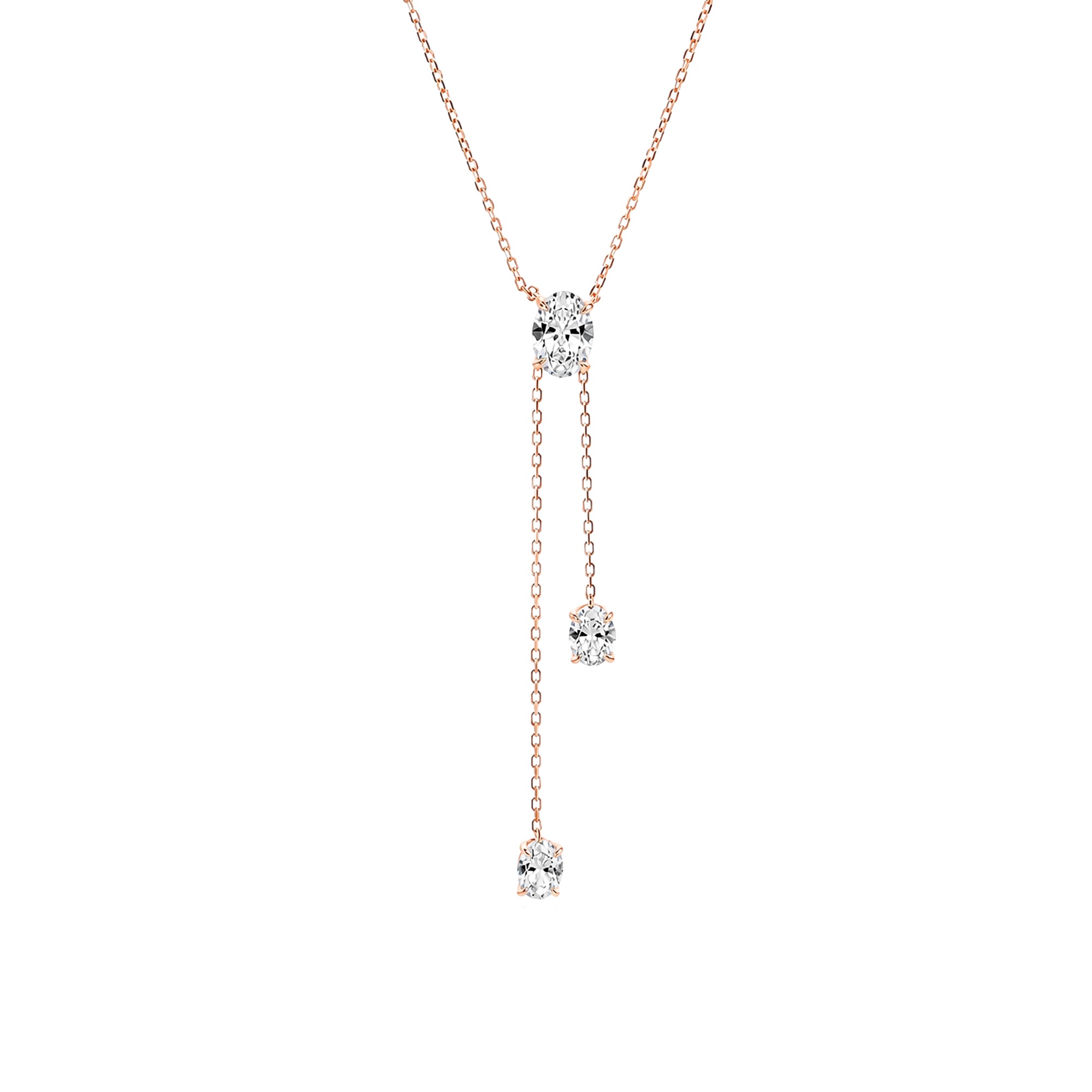 Oval Cut Lab Grown Diamond Y Drop Lariat Necklace, Solid 14K Rose Gold Three Oval Diamond Necklace