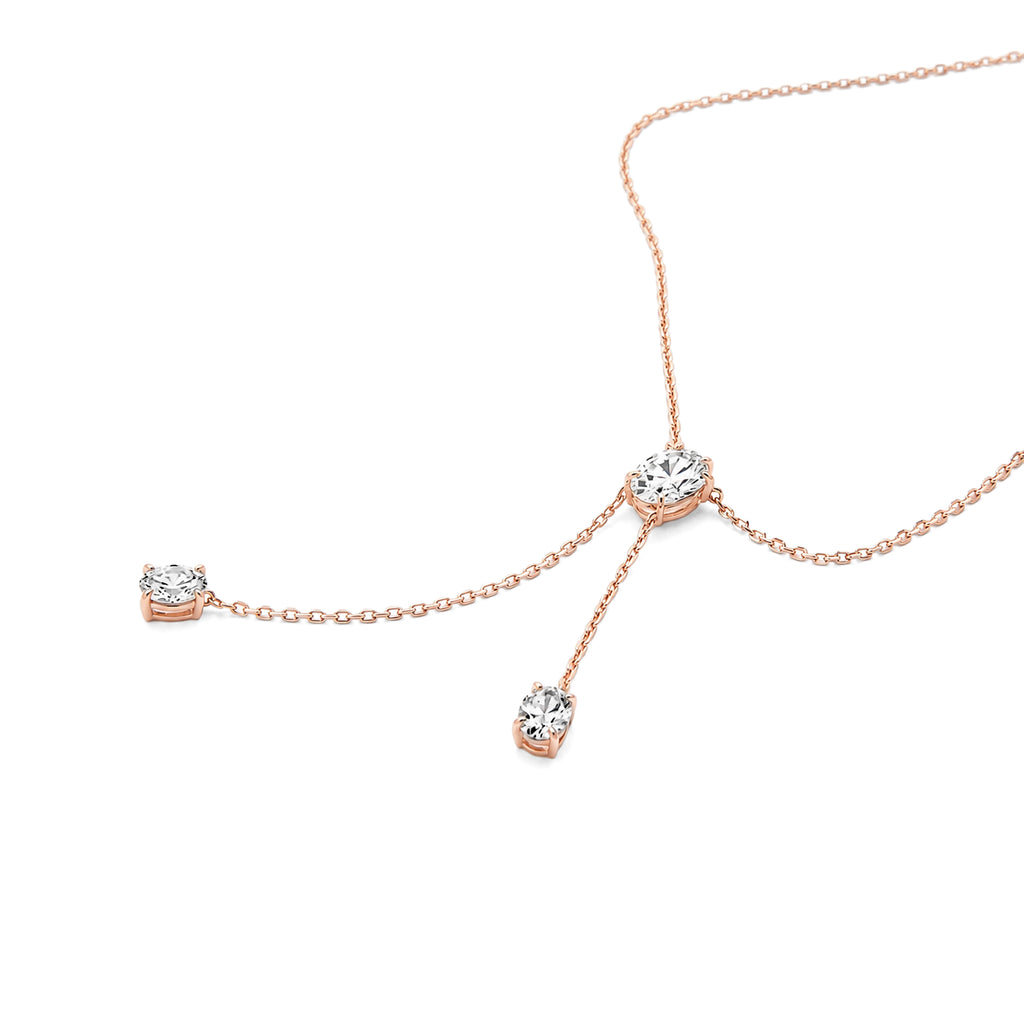 Oval Cut Lab Grown Diamond Y Drop Lariat Necklace, Solid 14K Rose Gold Three Oval Diamond Necklace