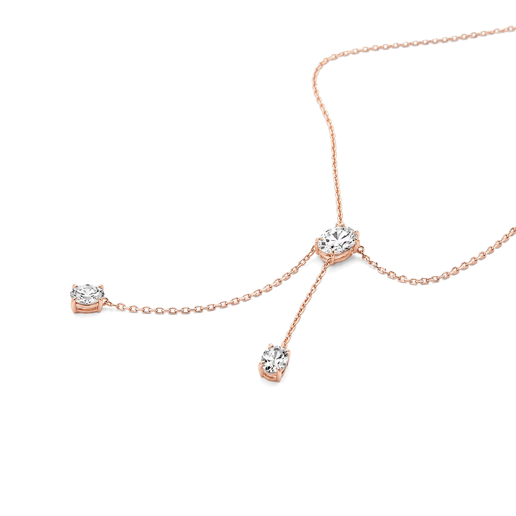 Oval Cut Lab Grown Diamond Y Drop Lariat Necklace, Solid 14K Rose Gold Three Oval Diamond Necklace