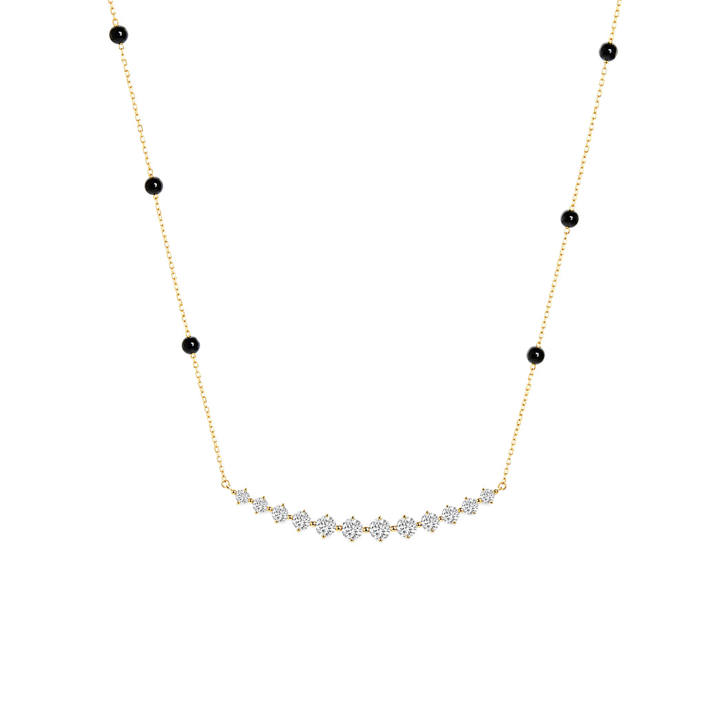 Lab Grown Diamond Curved Bar Station Necklace with Black Onyx Beads, Solid 14K Yellow Gold