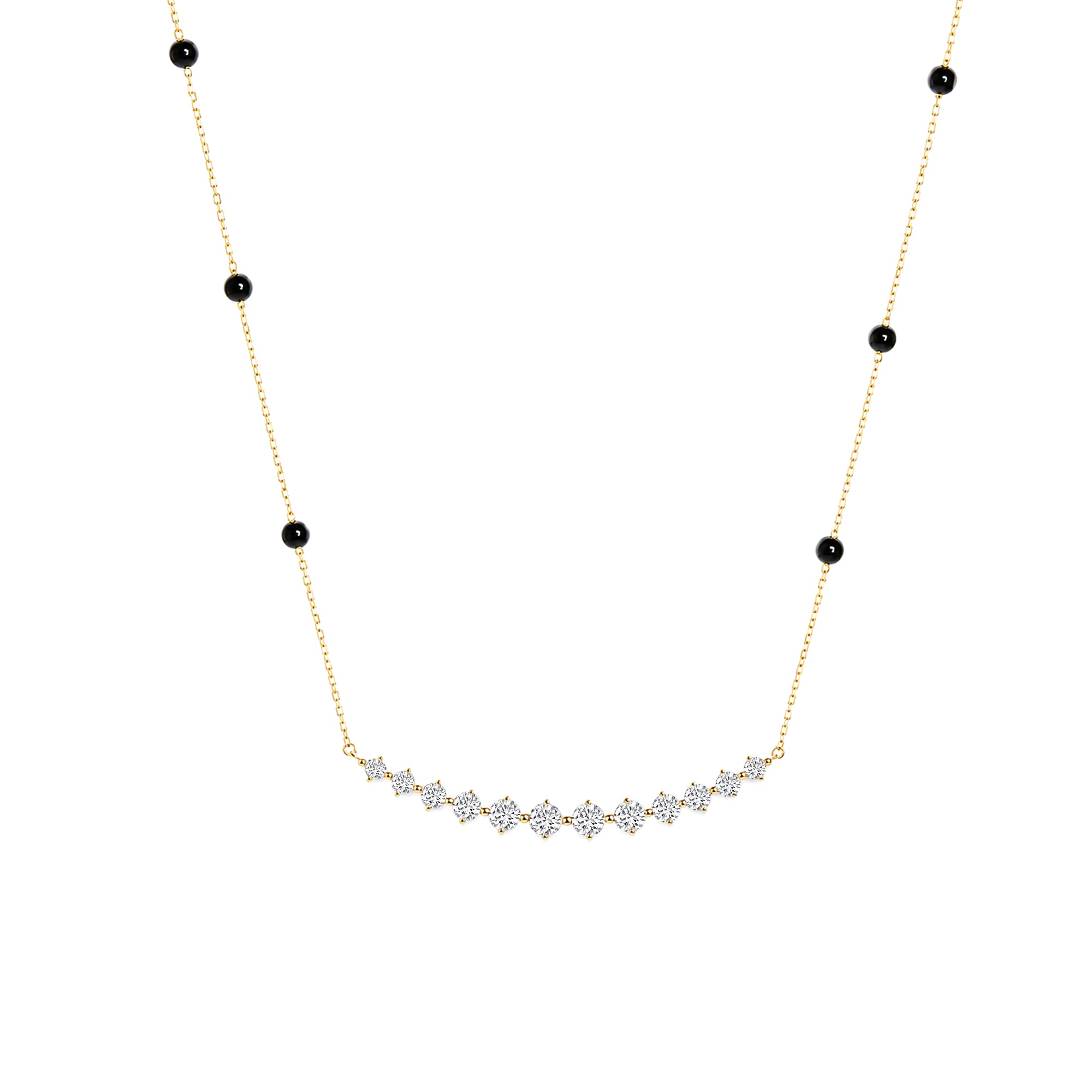 Lab Grown Diamond Curved Bar Station Necklace with Black Onyx Beads, Solid 14K Yellow Gold