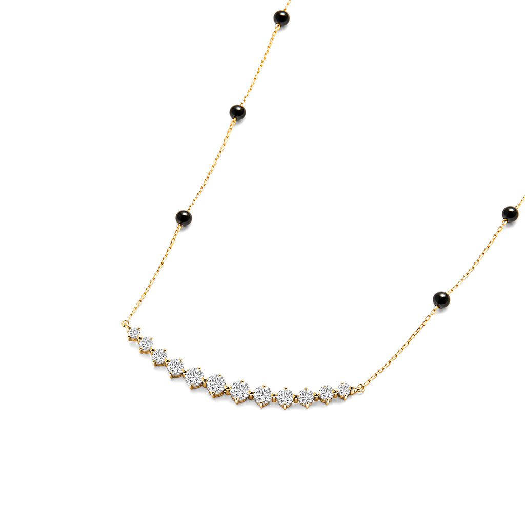 Lab Grown Diamond Curved Bar Station Necklace with Black Onyx Beads, Solid 14K Yellow Gold