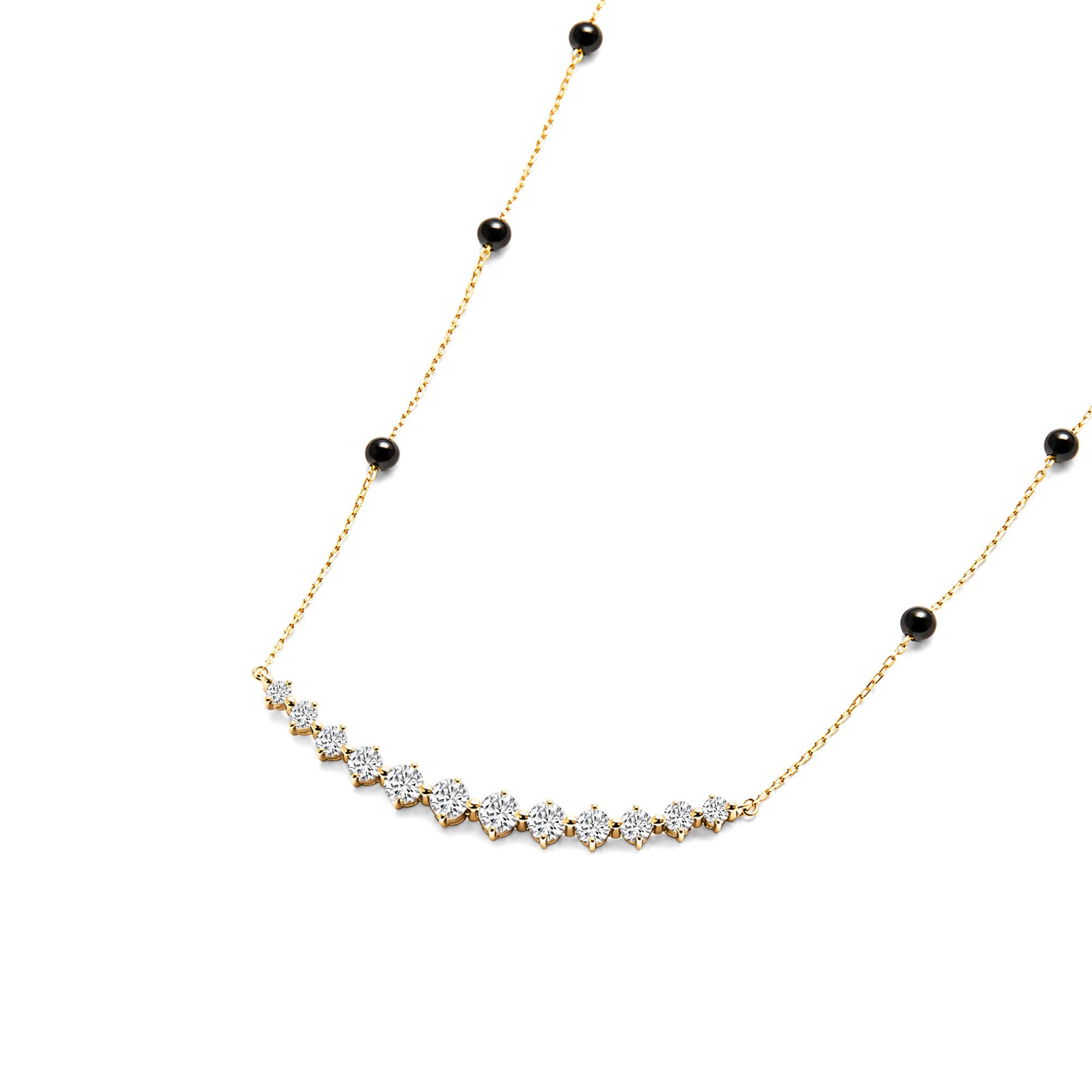 Lab Grown Diamond Curved Bar Station Necklace with Black Onyx Beads, Solid 14K Yellow Gold