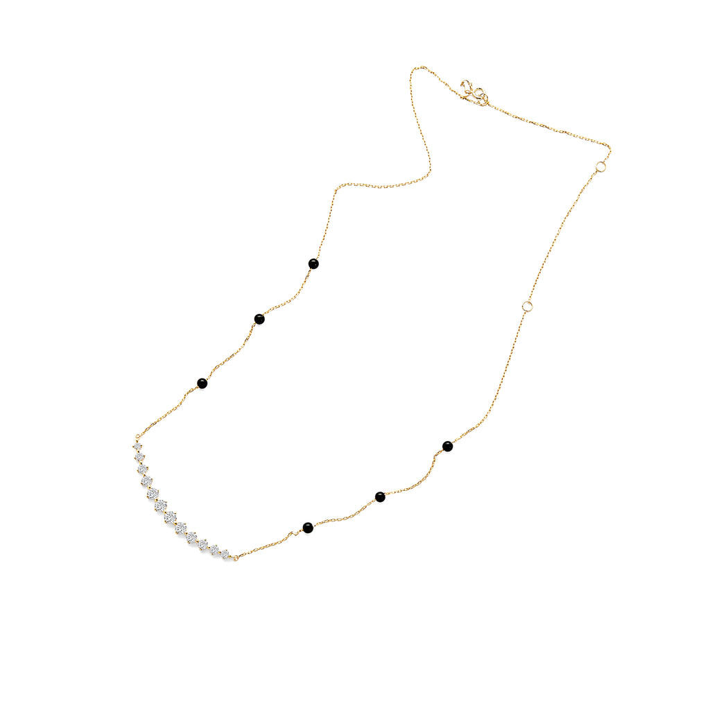 Lab Grown Diamond Curved Bar Station Necklace with Black Onyx Beads, Solid 14K Yellow Gold
