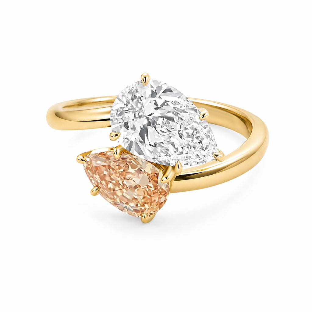 18K Yellow Gold Toi‑et‑Moi Two‑Stone Ring, Pear‑Shape White & Champagne Lab‑Grown Diamond Bypass Setting