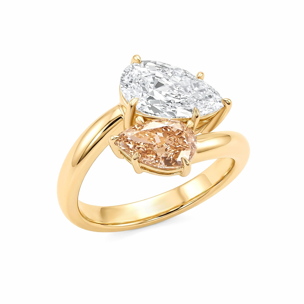 18K Yellow Gold Toi‑et‑Moi Two‑Stone Ring, Pear‑Shape White & Champagne Lab‑Grown Diamond Bypass Setting