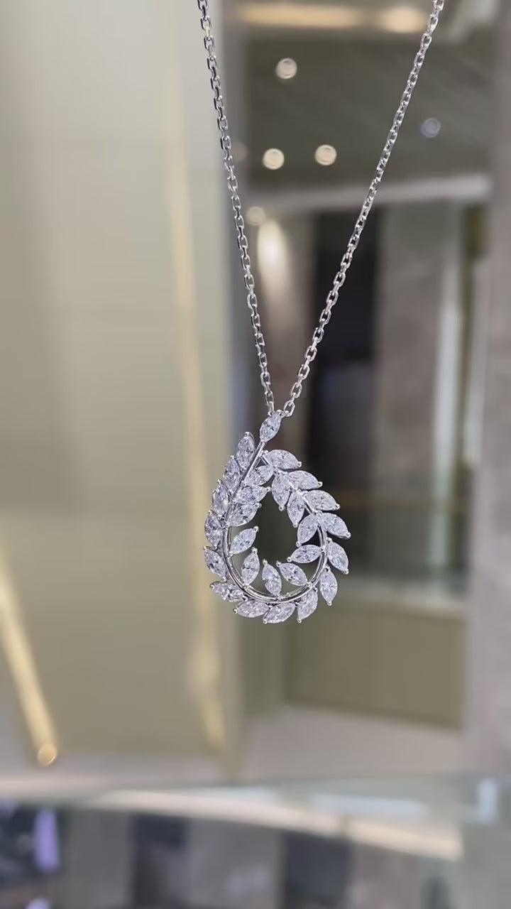Marquise Cut Diamond Laurel Wreath Necklace | 18K White Gold / Platinum | Leaf Design CZ Pendant Necklace for Daily Wear & Gift