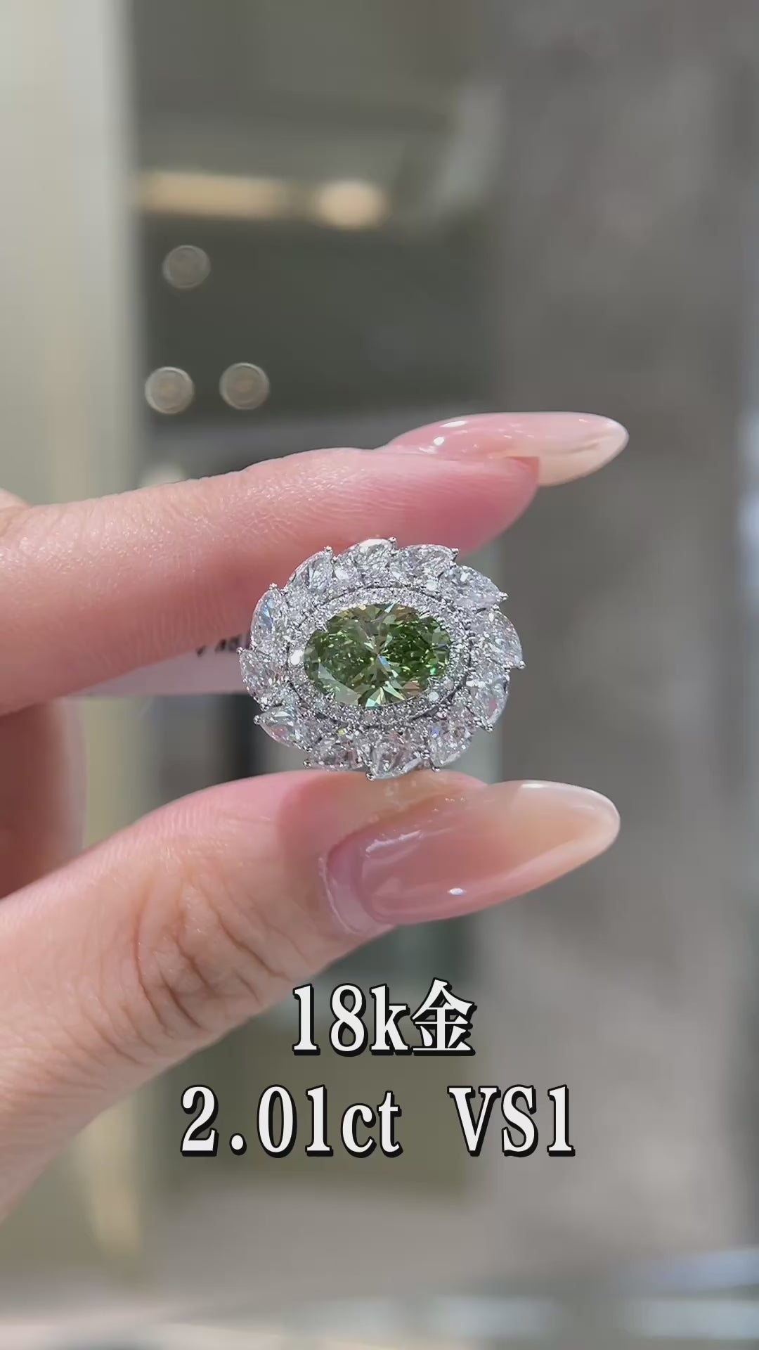2.01CT Round Cut Fancy Green Diamond Ring | 18K White Gold VS1 Clarity | Double Halo Marquise Side Stone Ring for Wedding & Proposal