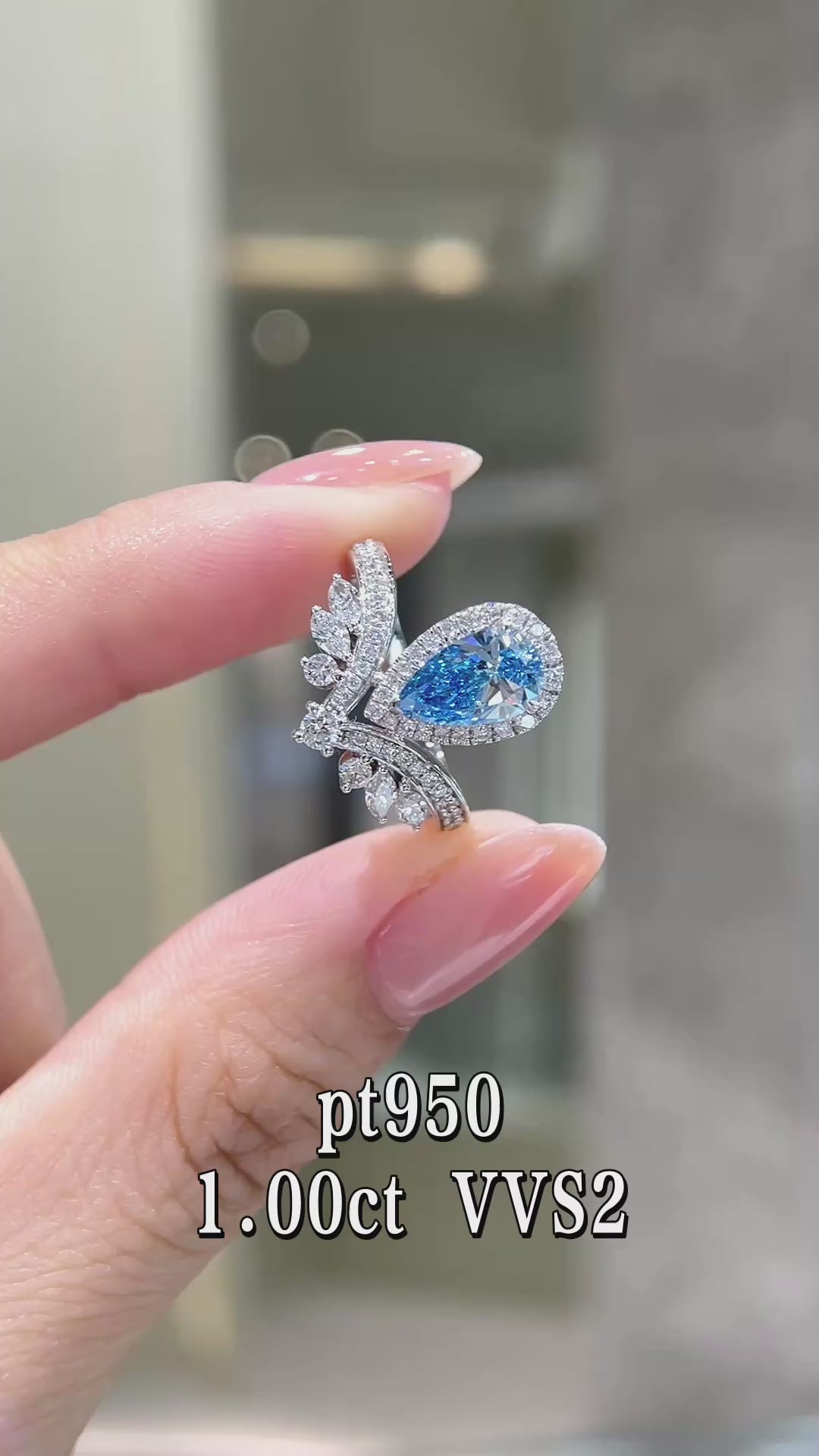 1.00CT Pear Cut Fancy Blue Diamond Halo Leaf Ring | Pt950 Platinum VVS2 | Fashion Daily Wear Jewelry for Wedding, Party & Gift