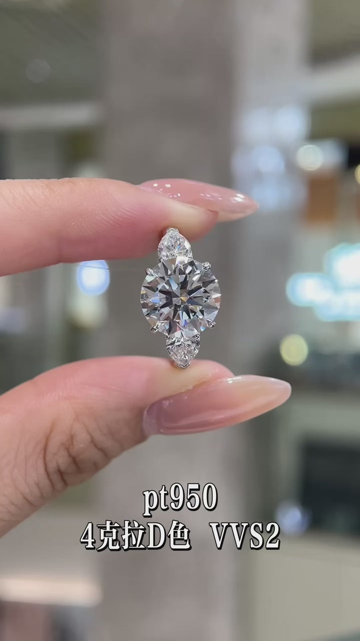 PT950 Round Pigeon Egg Diamond Ring 4ct D Color VVS2 Three Stone Engagement Ring Minimalist Luxury Jewelry