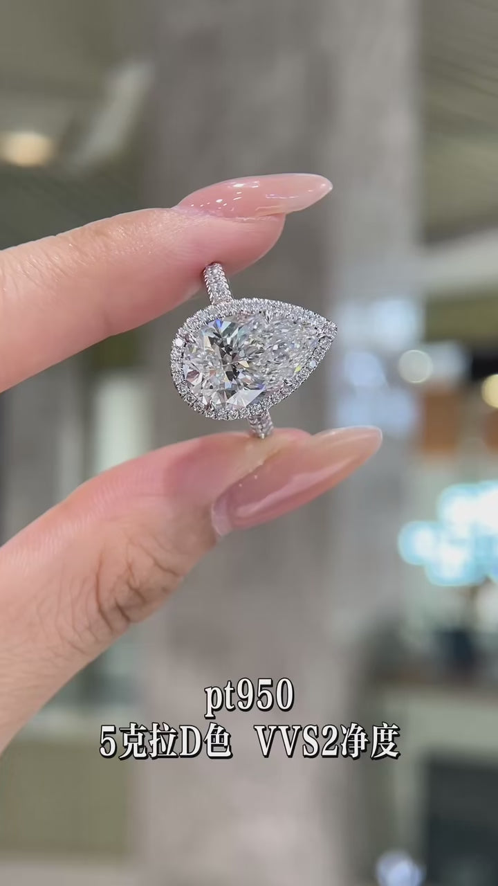 PT950 Pear Pigeon Egg Diamond Ring 5ct D Color VVS2 Halo Engagement Ring Minimalist Luxury Jewelry