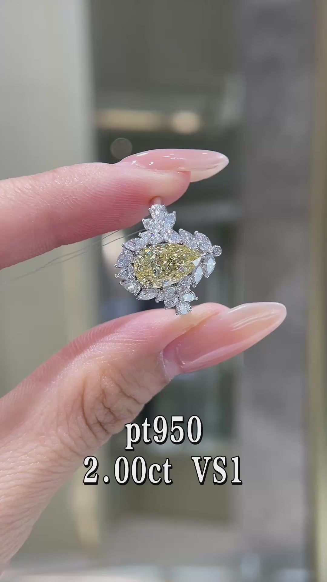 2.00CT Pear Cut Fancy Yellow Diamond Ring | Pt950 Platinum VS1 Clarity | Marquise Side Stone Halo Ring for Wedding & Proposal