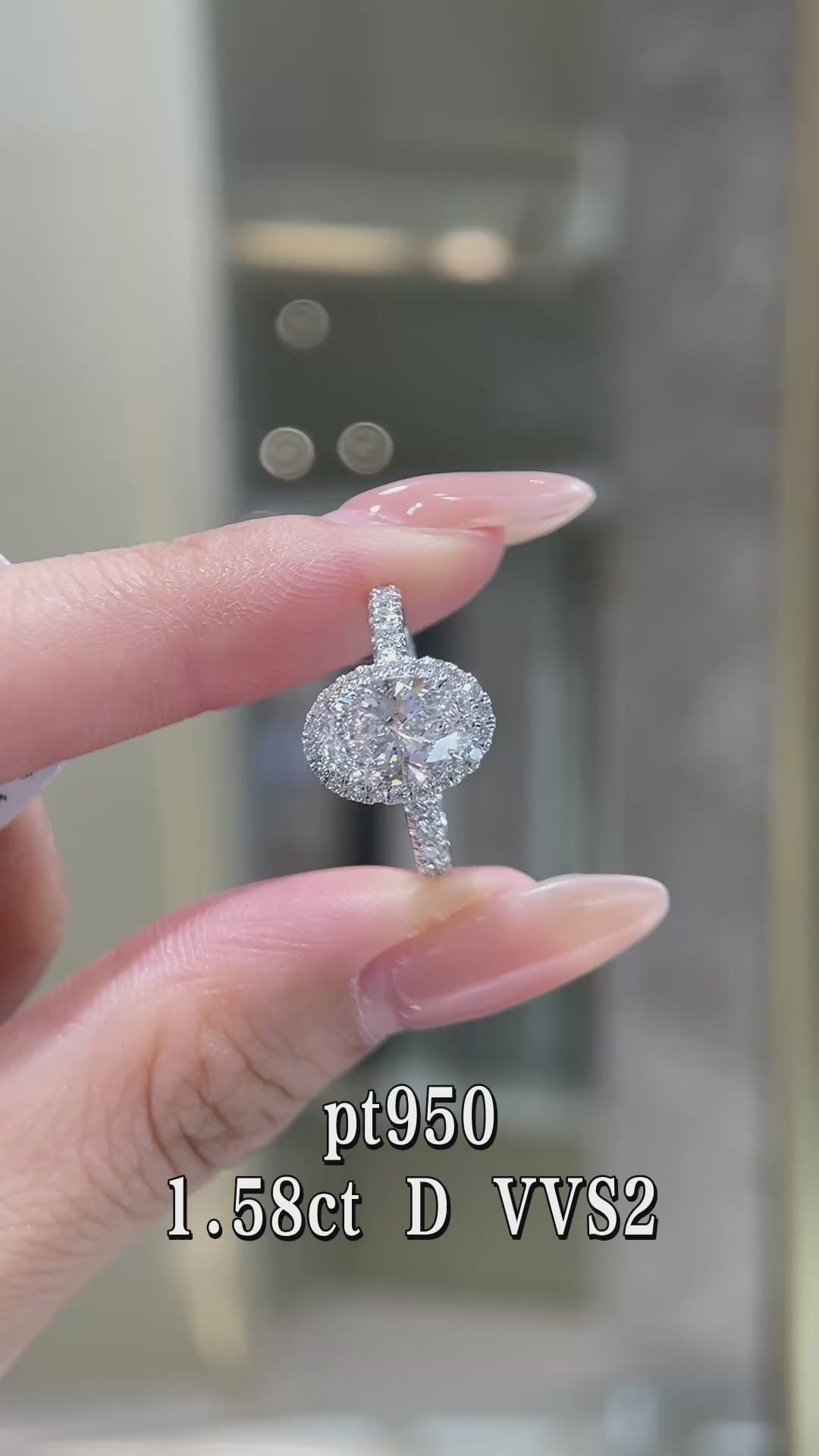 1.58CT Oval Cut Diamond Halo Engagement Ring | Pt950 Platinum D Color VVS2 Clarity | Pave Shank Ring for Wedding & Proposal