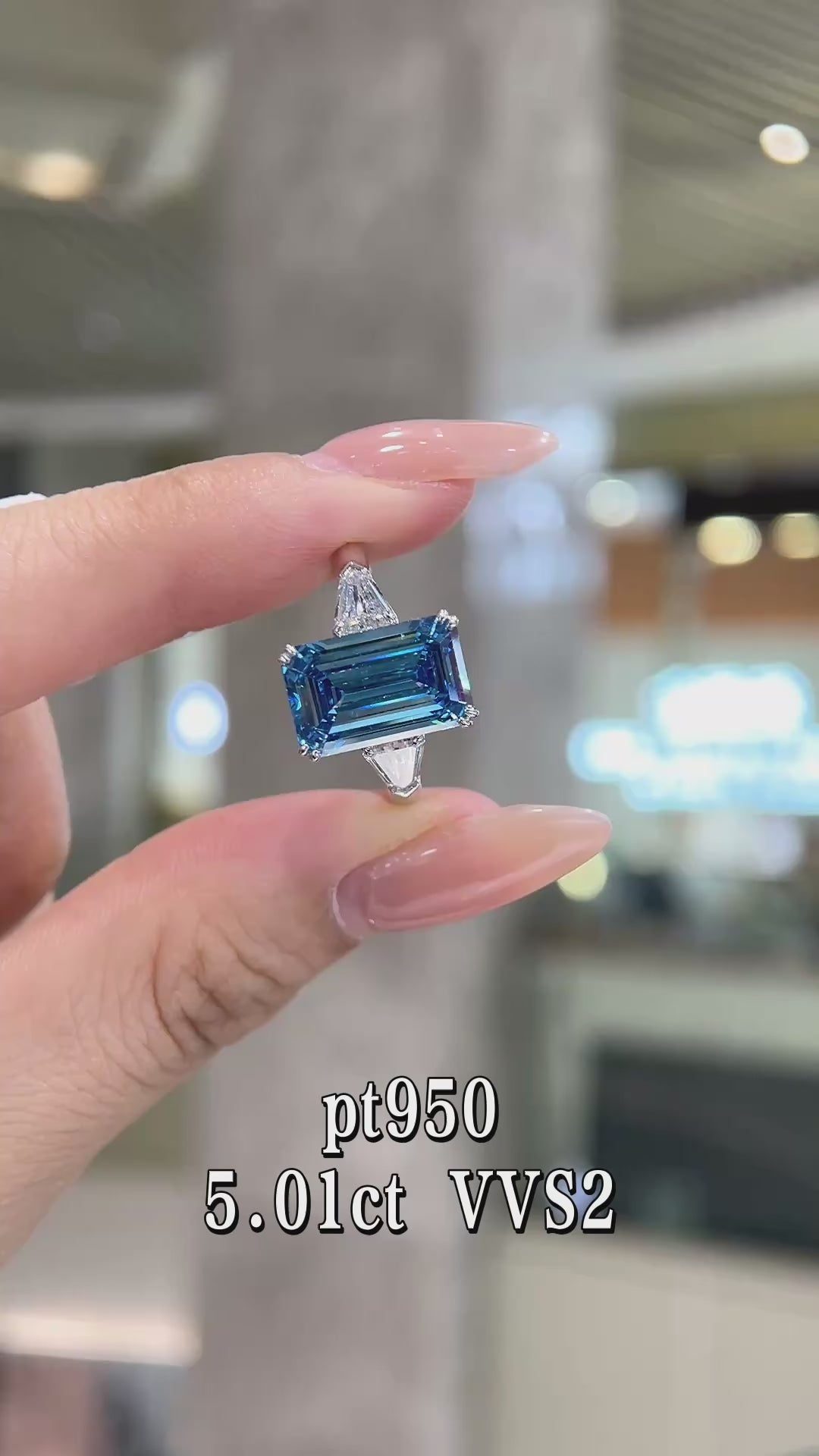 5.01CT Emerald Cut Blue Diamond Ring | Pt950 Platinum VVS2 Clarity | Three Stone Baguette Side Stone Engagement Ring for Wedding & Proposal 5.01克拉祖母绿切工蓝钻戒指 Pt950铂金VVS2净度 三石款梯方副钻求婚订婚戒指