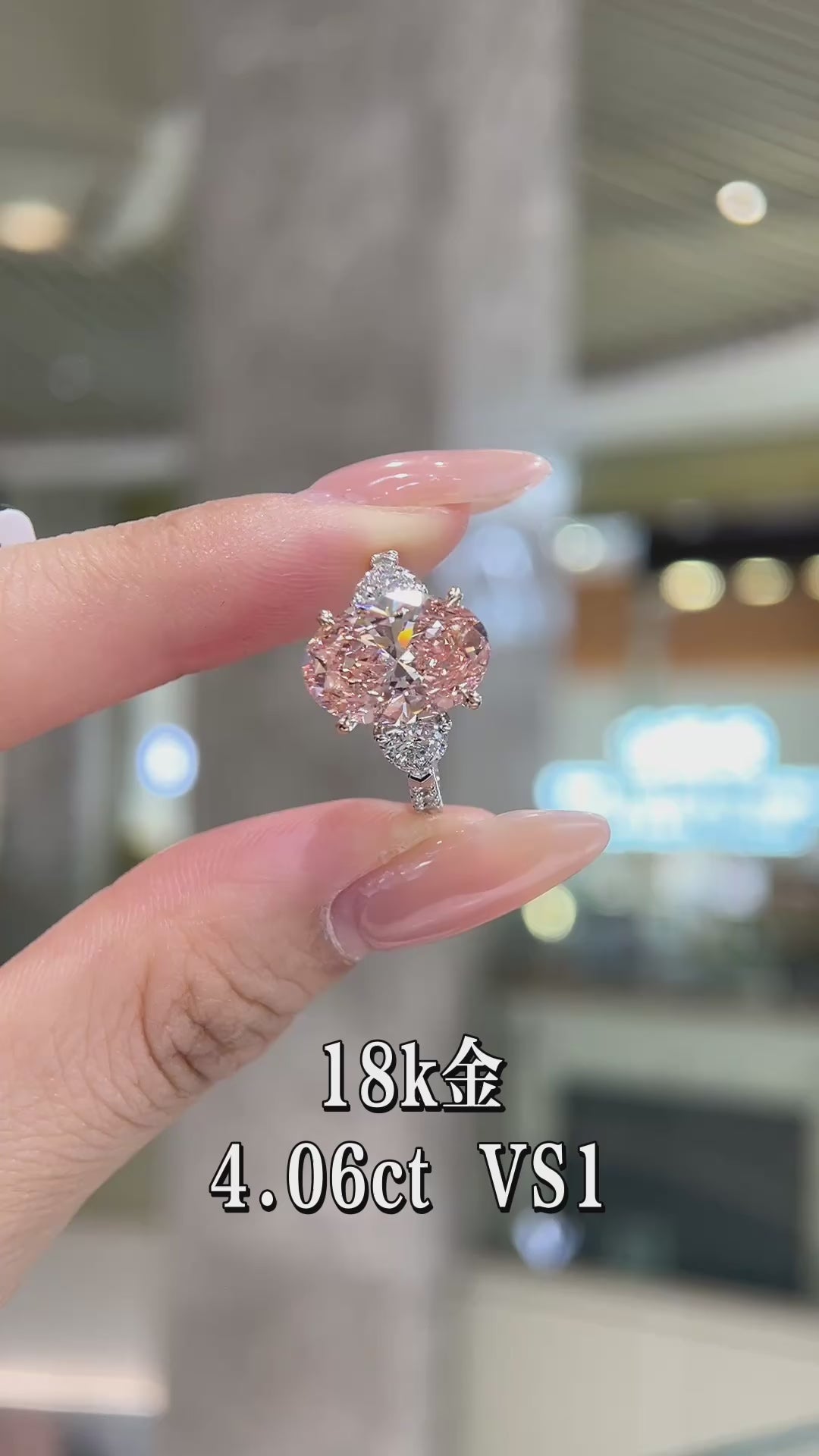 4.06CT Three Stone Pink Diamond Ring | 18K White Gold VS1 Clarity | Pear Shape Side Stone Halo Ring for Wedding & Proposal